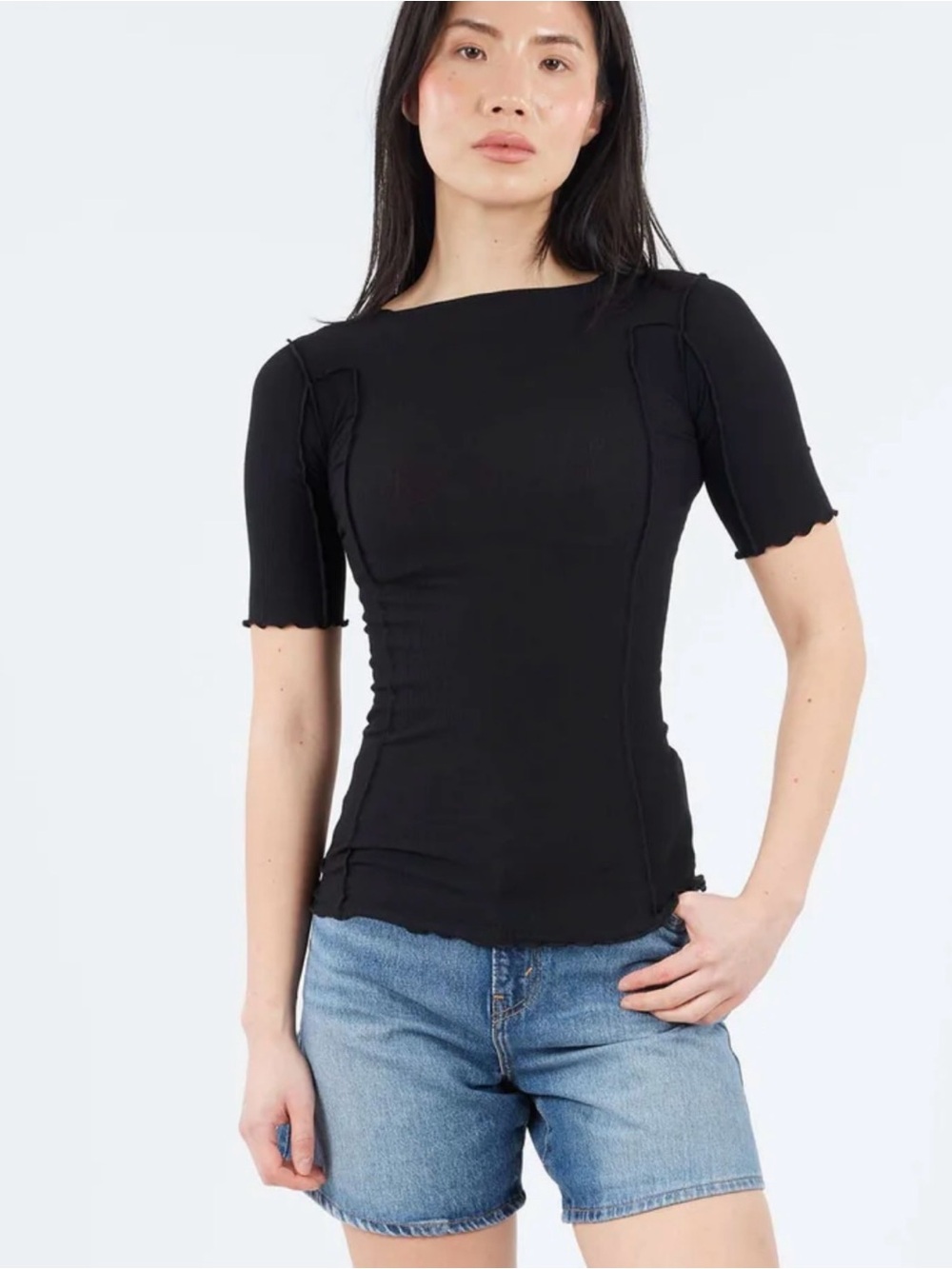 Black Baserange organic cotton rib tee 3/4 sleeve Size M